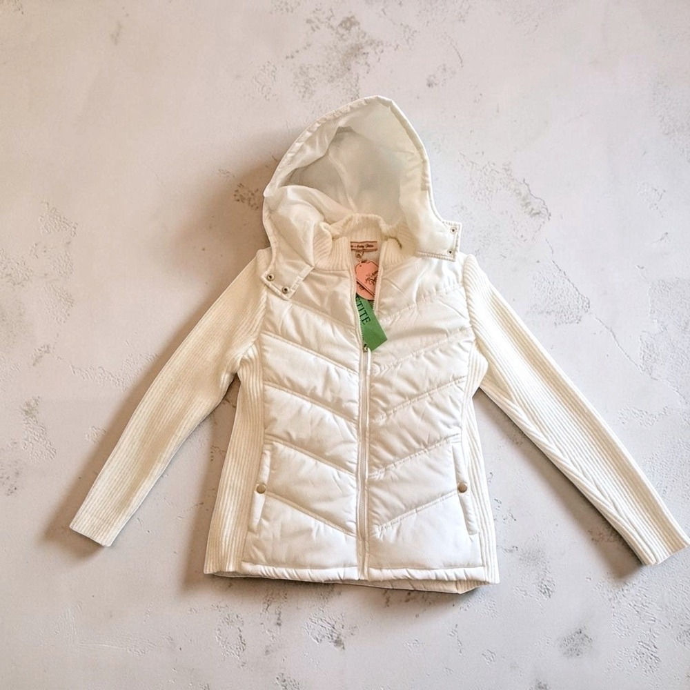 Miss Ashley Petite White Quilted Puffer Jacket Ribbed Knit Sleeves Hooded PL